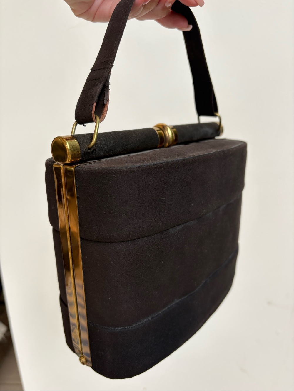 Vintage Black Suede Top-Handle Box Bag with Gold Hardware